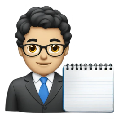 Businessman with black hair, blue with glasses and notebook sticker