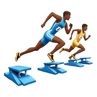 An icon featuring a running track with starting blocks and a pair of sprinting shoes in motion. The background showcases a grand stadium with cheering fans, bright sunlight, and a clear blue sky. Transparent background highlights the speed, energy, and competition of track running. sticker