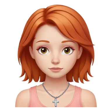 Auburn ginger haired girl with eyelashes wearing a cross necklace and a light coral pink tank top sticker