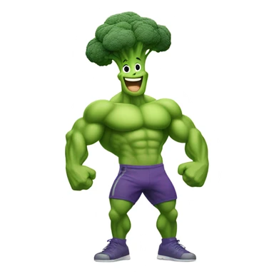 Generate a cartoonish broccoli emoji flexing its muscular arms with a confident smile. sticker