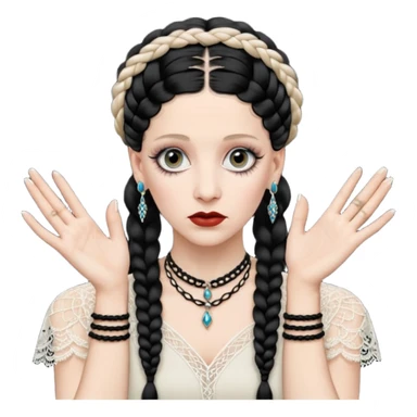 Lene Lovich as seen on the Stateless album cover with a typical symmetrical pose with her hands, lots of lace and braided hair sticker