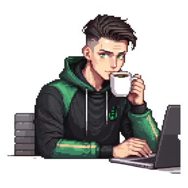 male with dark hair, high fade haircut, high slick back hairstyle, green eyes, wearing a black tracksuit, coding on black laptop, drinking coffee sticker