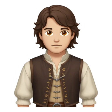 medieval outfit worn by a DnD themed fantasy character. basic linen shirt with an open-front wool vest. clothes only above the waist. The clothes full waist. The character's haven't arms. character is wavy dark brown hair amber eyes medium-length hair light-skinned man. sticker