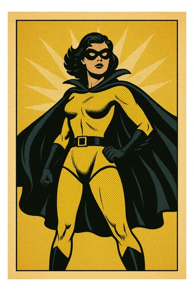 superheroine costume, yellow and black, retro style, dramatic cape, domino mask, heroic stance sticker