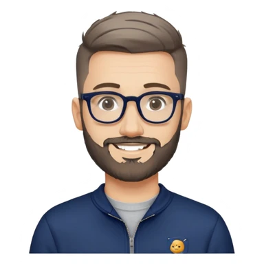 Fair-skinned man with fade haircut (extremely short on sides, slightly longer on top), short salt and pepper beard, large black-framed glasses, smiling, wearing navy blue long sleeve zip sweatshirt sticker