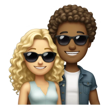 happy long curly hair brunette boy in sunglasses and happy blonde girl sticker