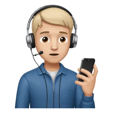 confused guy headphones on and with phone in hand turned to left quaterly sticker