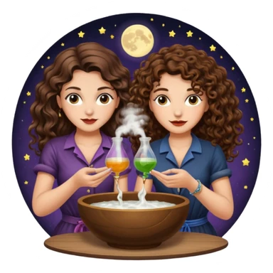 moon bowl mixing — long wavy brown hair tattooed woman and short tight curly brown hair woman — potion scene sticker