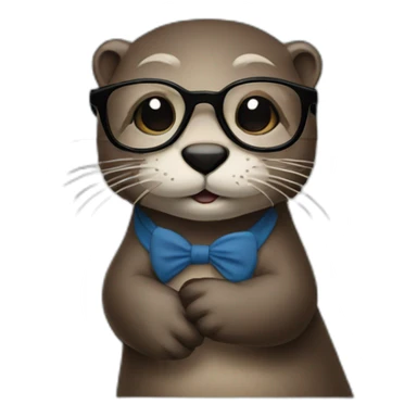 otter with eyeglasses standing against a pillow using a macbook sticker