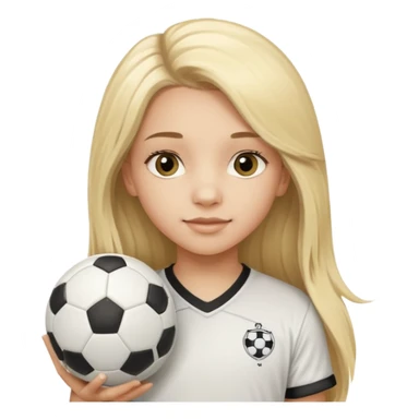 A girl with long light blonde hair with long eyelashes that looks around 13 years old with a soccer ball sticker