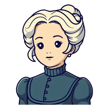 Victorian woman with white coiffed hair, modest turtleneck Victorian dress, and an awestruck expression sticker