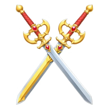 Two crossed swords that are golden in blade and handle and have fiery and royal appearence to them as well as red gem stones yellow in color sticker