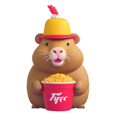 Capybara wearing a tiny KFC bucket as a hat on its head sticker