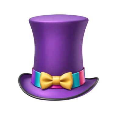 3D emoji of a tall purple top hat, vintage style, glossy finish, wide brim, colorful ribbon, whimsical and elegant, inspired by Willy Wonka, Apple-style cartoon, soft shadows, white background. sticker