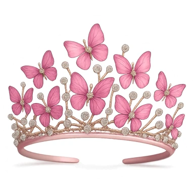 butterfly crown with a pink base, butterflies in pink enamel hues, sparkling gems, transparent background sticker