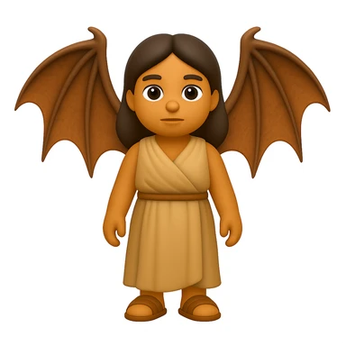 Convert this exact woman to a 3D Apple iPhone emoji style. She should wear an ancient ordinary outfit and have realistic dragon wings, resembling a 3D Apple emoji style. sticker