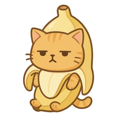 Cat meme, a little yellow cat wearing a banana suit with a dull expression sticker