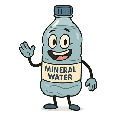a cartoon mineral water bottle with a smiling face, friendly and cute sticker