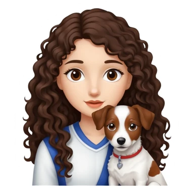 A girl whit dark brown long curly hair and a jack russel sticker