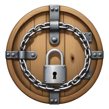 A heavy metal chain wrapped around a round wooden door with a padlock securing it sticker