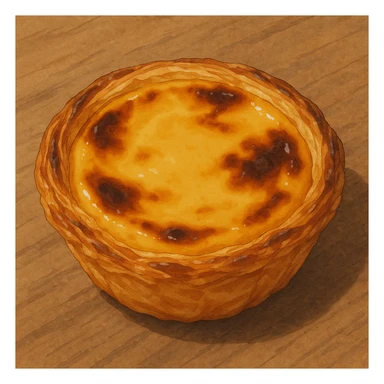 realistic illustration of a typical Portuguese pastry, pastel de nata, golden custard tart in a flaky crust, ghibli style sticker