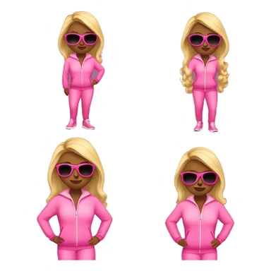 Blonde lady with pink track suit, shades, and a bag sticker