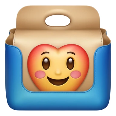 modern feed bag emoji, blue gradient, rectangular with rounded edges, top open with beige grains, curved line for volume, white label with black border and grain icon (circle with dot), Apple emoji style sticker