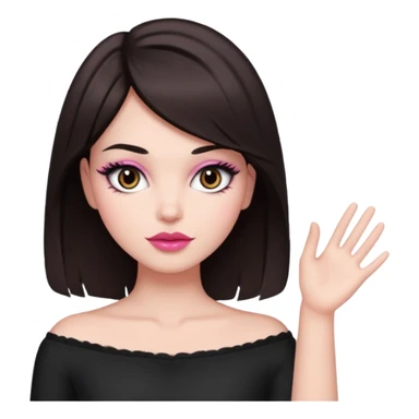 my hair is dark brown almost black, reaching my waist. the haircut is wolfcut, pretty lasher hut not thick. slightly pink lips. sticker