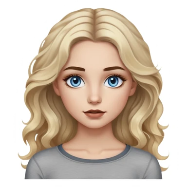 Girl with blue eyes. Blonde wavy hair with dark brown highlights. Long hair. Natural eyebrows with color like highlights. Painted eyelashes and lips lined with brown liner. With a gray long-sleeved crop top. Skinny in the face. sticker