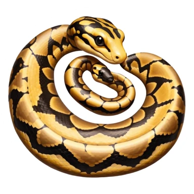 A photo-realistic top-down view of a Ball Python gently coiled into a tight spiral, with its head resting peacefully at the center. Its scales are warm brown with bold, irregular black markings, including the distinctive “alien-head” pattern, flowing smoothly along its body.  sticker