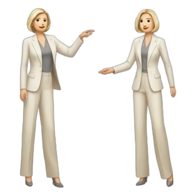 Full height Actively gesturing with hands pale skin woman with ash blonde Straightened bob Hair, White Spacious classical jacket, beige palazzo Arrow pants and gray blouse sticker