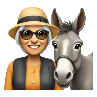 smiling younger grandma with hat and sunglasses outdoors with a donkey sticker