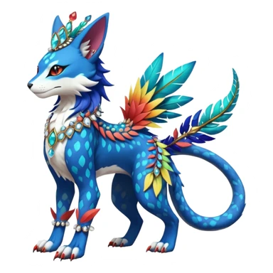 Kawaii cute colorful exotic tropical beautiful pretty elegant divine edgy feline-vernid-sergal-Fakémon-Pokémon-fursona-animal-creature with accessories, jewelries, full body, with intricate detailed markings, feathers, crystals, fins, headdress sticker