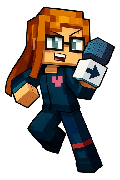Extract only the rightmost character with orange hair, glasses, and blue outfit from the image, keeping the original Minecraft cartoon style and appearance, with a transparent background. sticker