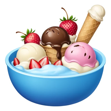 Blue bowl with 3 scoops of ice cream in it: white, brown, and pink sticker