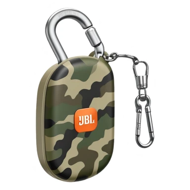 Extremely simplified JBL Clip 4, flat design with subtle camouflage pattern, single carabiner hook, iOS emoji style sticker