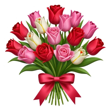 Create an bouquet with red and pink roses and tulips inside a white flower bouquet with red ribbon around it sticker