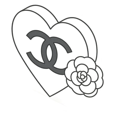 Chanel heart in 2D isometric style, elegant, black and white, with a camellia flower sticker