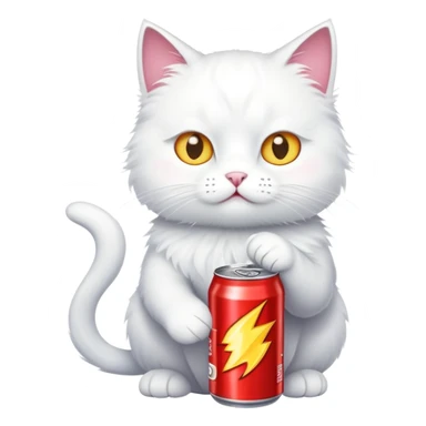 White cat with energy drink sticker