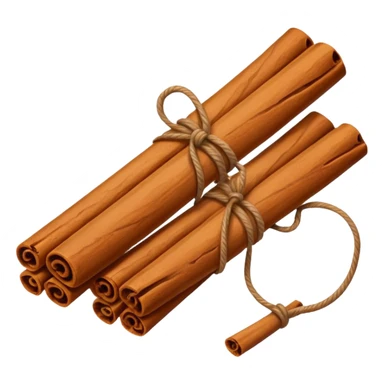A simple, minimalist flat vector icon of two cinnamon sticks tied with a small string. Clean lines, soft brown tones, white background, high contrast, center framing. No shadows, no text, professional graphic design style. sticker