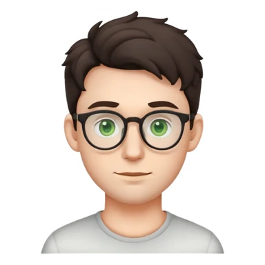 young male emoji with youthful face, poofier slightly curly dark hair, big ears, pale skin, glasses, green eyes, very light stubble sticker