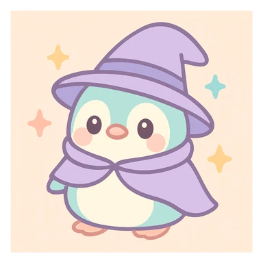 a chubby penguin with a wizard hat and cloak, surrounded by sparkles, soft rounded illustration style, kawaii style, adorable and gentle sticker