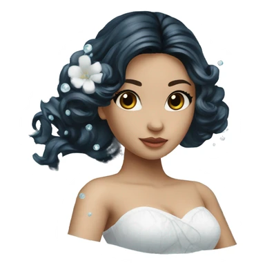 Pretty young Lady doll posing posed pose with long black hair flowers in hair white dress surrounded by flowing water water swirls waves sticker