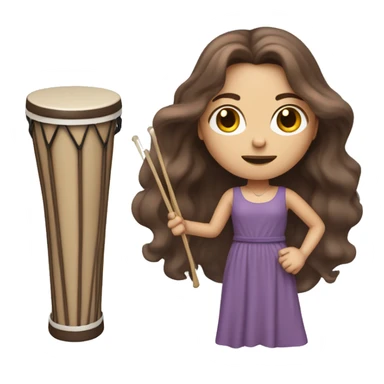 White woman standing with long flowing purple dress and long wavy brown hair holding a small handheld frame drum and a drum beater sticker