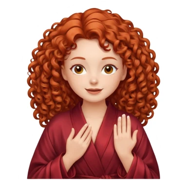 Cartoon emoji of a girl with voluminous curly red hair, fair skin, warm brown eyes. Wearing a chic milky silk robe with long sleeves, no makeup. Portrait mode, giving herself a face massage, joyful and relaxed. Smooth, simple, stylized. sticker