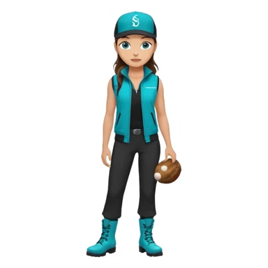 A landscaper in a beautiful turquoise jacket and turquoise boots, black pants, and a black sleeveless shirt. On his head is a black Swissotel baseball cap. The girl is a brunette with blue eyes. sticker