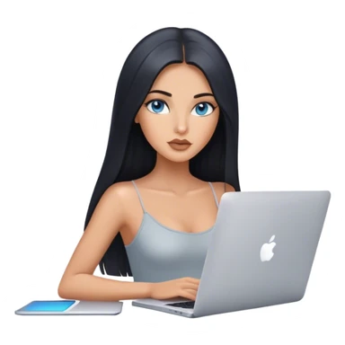 Glamours tanned very beautiful girl with pump nude lips and black straight smooth long hair, blue-grey eyes in top with one MacBook. sticker