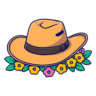 Cowgirl hat with wildflowers, colorful floral arrangement on a tan cowboy hat sticker