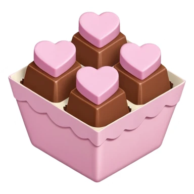 Two square milk chocolate , Each praline is a sharp-edged cube with smooth glossy chocolate coating, placed in a small white fluted paper candy cup. On top of each cube is a flat pastel pink heart-shaped icing sticker