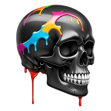glossy black skull with street style colorful graffiti drips and iconic sports brand logos, side profile sticker